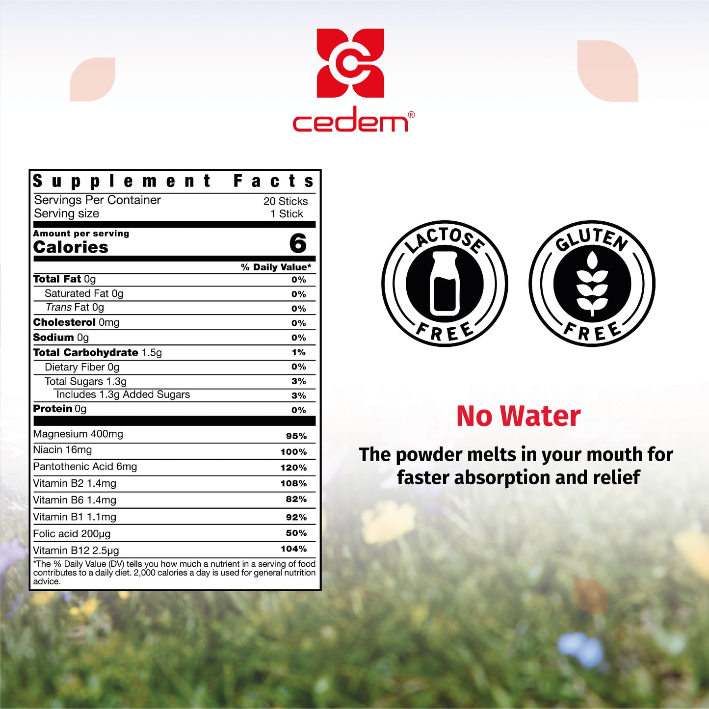 Supplement Facts of Cedem Magnesium 400 & B-Complex Sticks, showing detailed nutritional content, lactose-free and gluten-free icons, and “No Water” needed for fast absorption – Cedem ag