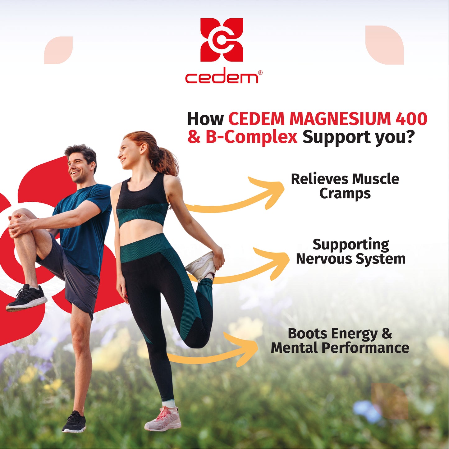 Cedem Magnesium 400 & B-Complex benefits image with active man and woman, showing support for muscle cramp relief, nervous system health, and boosted energy and mental performance – Cedem ag