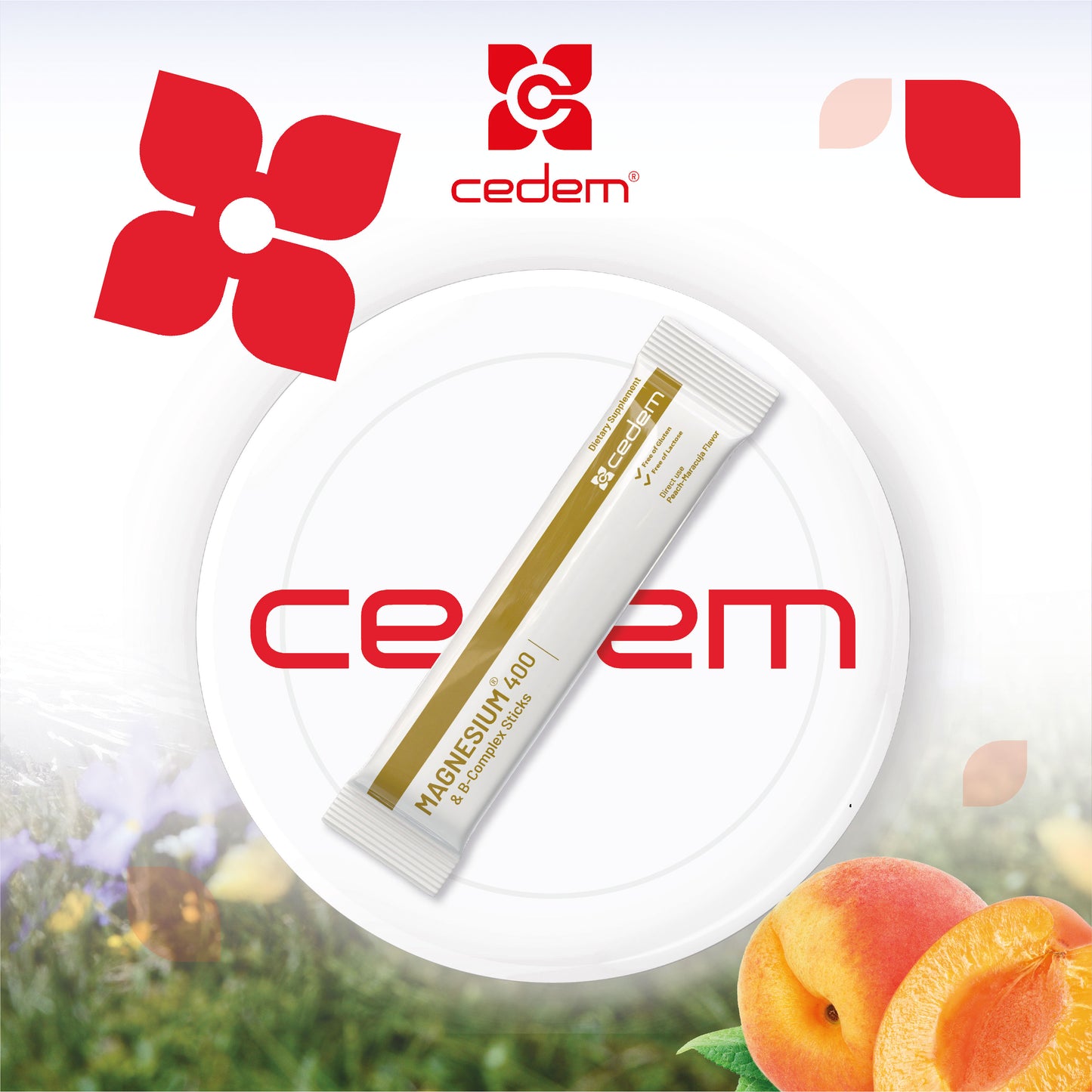 Cedem Magnesium 400 & B-Complex single powder stick placed on a white circular platform with Cedem branding, surrounded by peach-maracuja flavor ingredients – Cedem ag