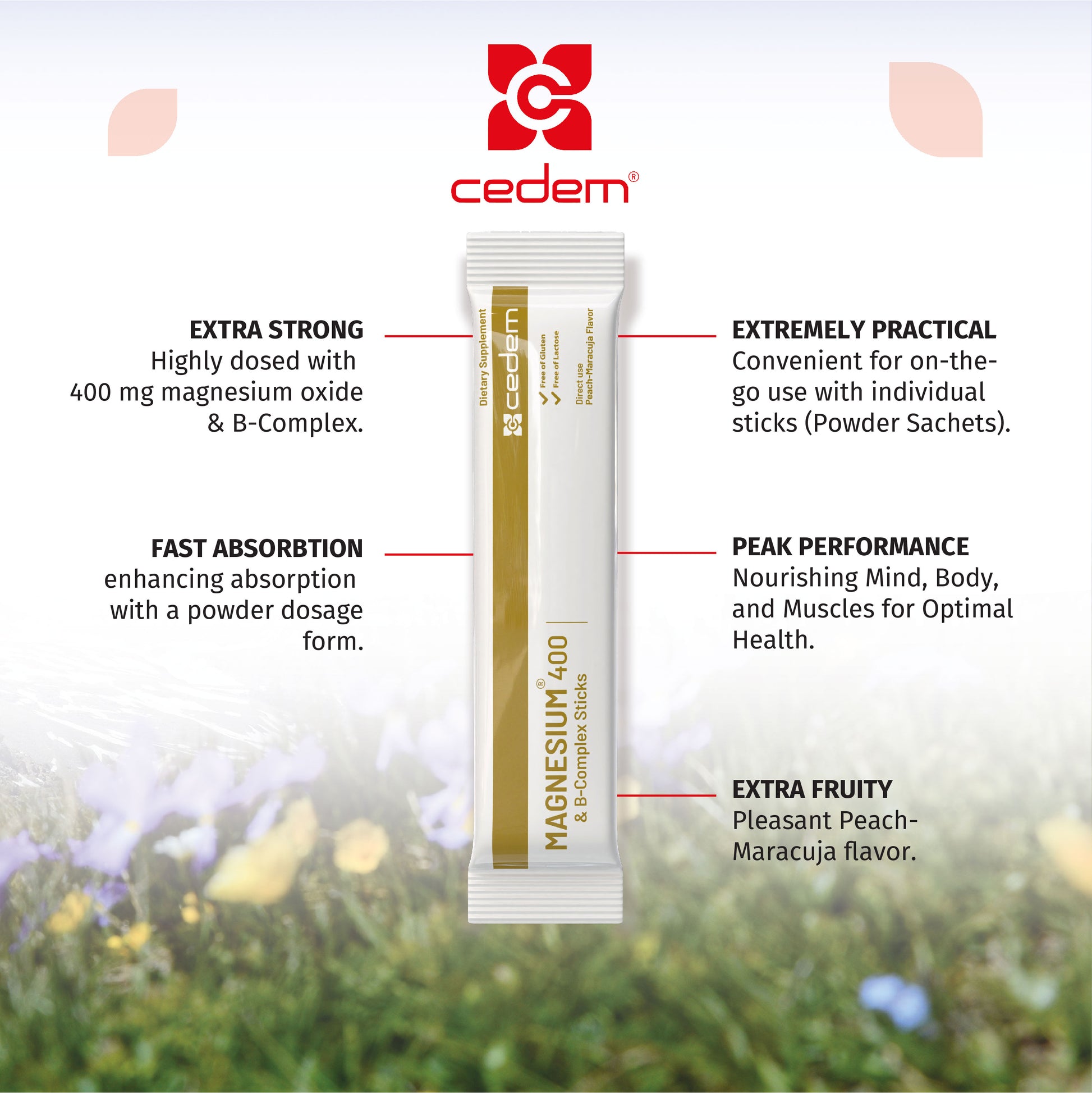 Cedem Magnesium 400 & B-Complex powder stick with highlighted features: 400 mg magnesium dose, fast absorption, convenient on-the-go use, optimal body and mind support, and peach-maracuja flavor – Cedem ag