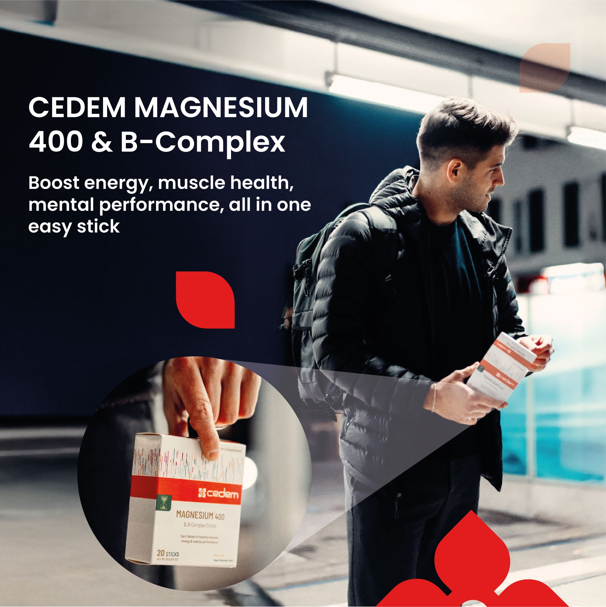 Man holding Cedem Magnesium 400 & B-Complex box at a train station, highlighting convenient stick format that supports energy, muscle health, and mental performance – Cedem ag