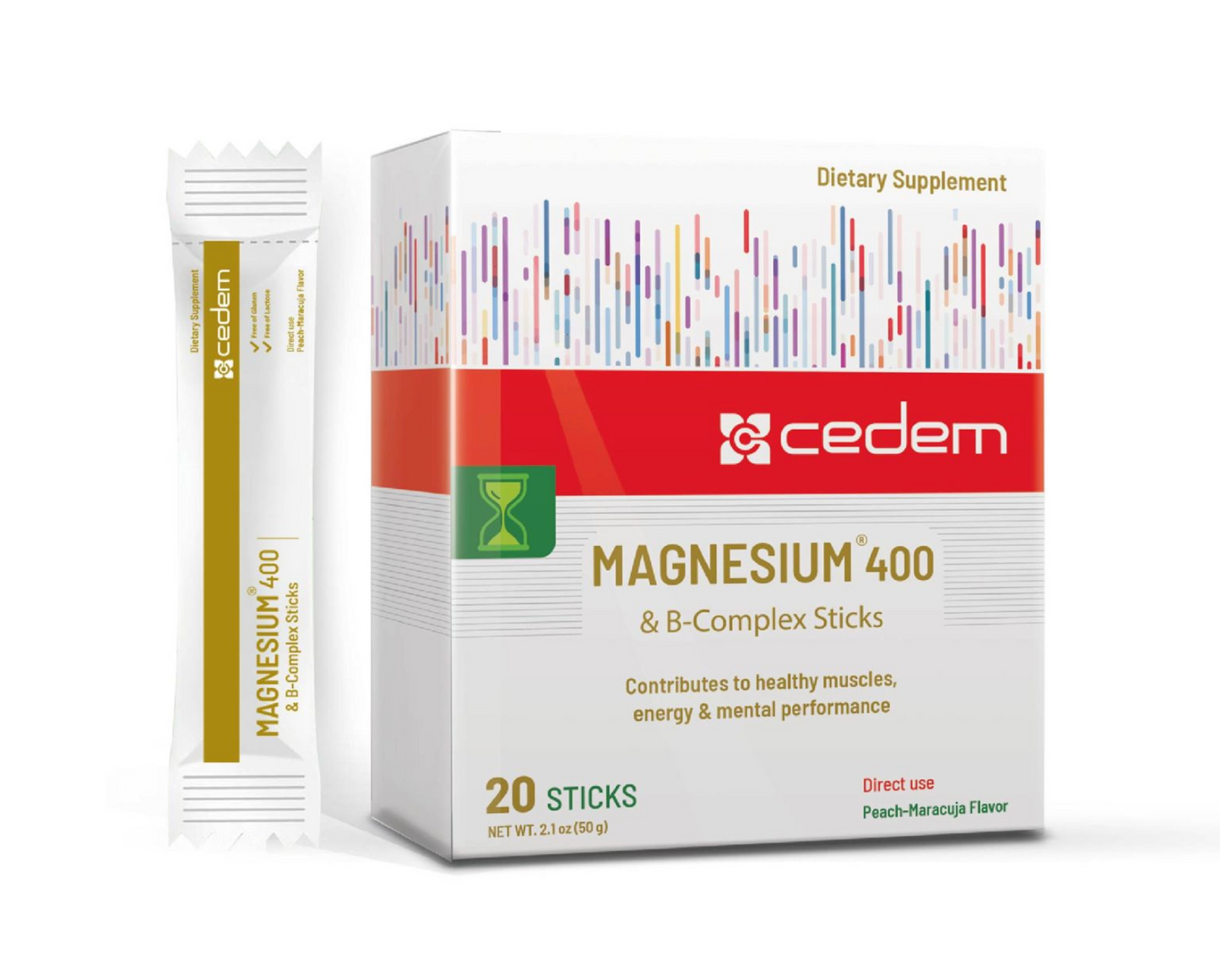 Cedem Magnesium 400 & B-Complex Sticks dietary supplement with 20 peach-maracuja flavored powder sticks, designed to support healthy muscles, energy, and mental performance – Cedem ag